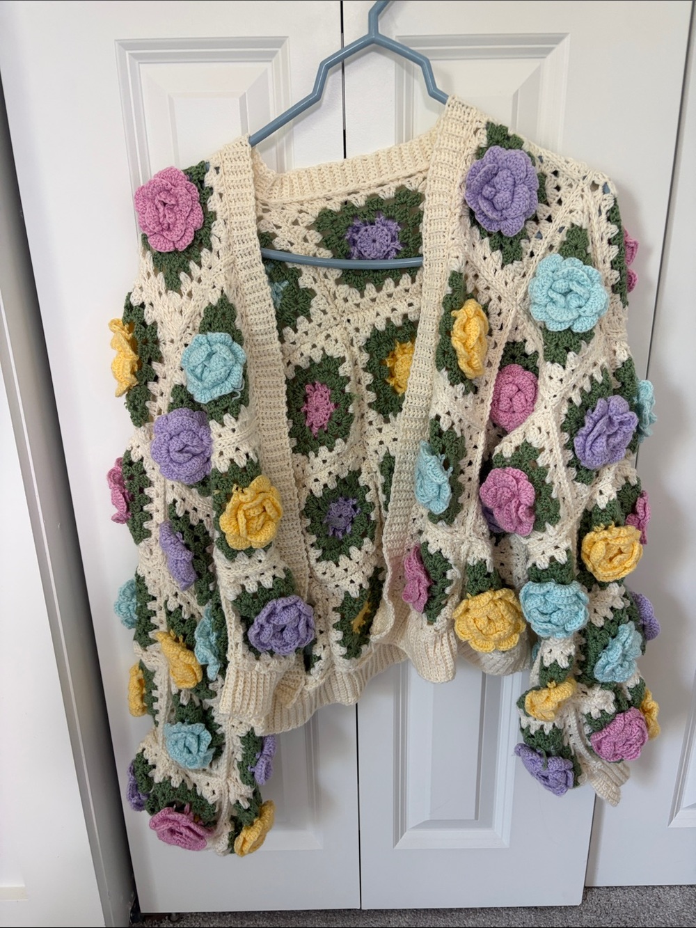 Cream Crochet Floral-Appliqué Sweater Cardigan
